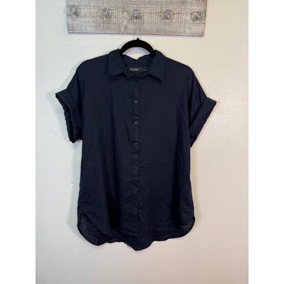 Lauren Ralph Lauren Women's Navy Blue Button Up Large Blouse 100% Linen - Picture 1 of 10